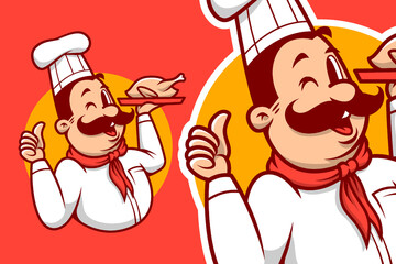 Chef cook master with moustache cartoon mascot emblem logo