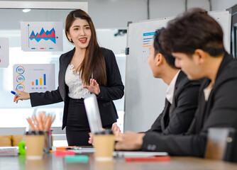 Asian young beautiful professional successful businesswoman presenter standing smiling in front of glass board after presenting while male female colleagues clapping hands thank you in meeting room