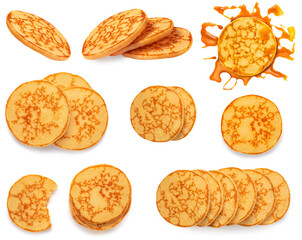 Pancake Collection. set of baked pancakes isolated on white background. Flat lay, top view. Food...