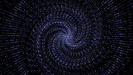 Texture of blue color halftone dots in the form of a whirlpool. Futuristic abstract background. Particle pattern. Visualization of big data. Broken screen. 3D rendering.