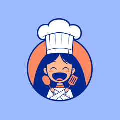 Funny female chef cooking master cartoon emblem logo