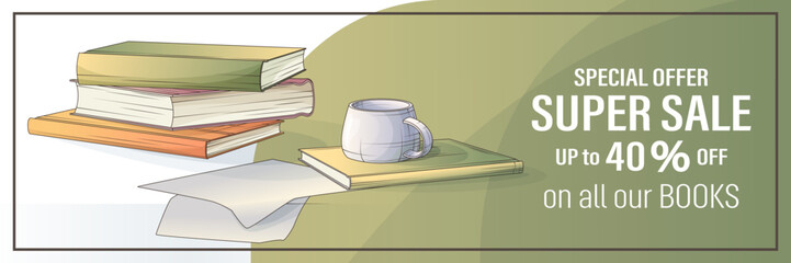 Vector illustration of stack of books with cup. Promo sale banner for bookstore, bookshop, library, book lover, ebook. Vector illustration for poster, banner, advertising, flyer.