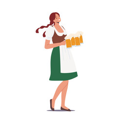 German Beer Fest Concept. Female Character Wear Traditional Bavarian Peasant Dress Holding Beer Celebrate Oktoberfest