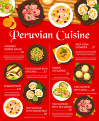 Peruvian cuisine menu page template. Fish ceviche with grapefruit and avocado, cookie Alfajores, fish ceviche with red onion and chili, clam ceviche, beef corn chowder and avocado quinoa salad