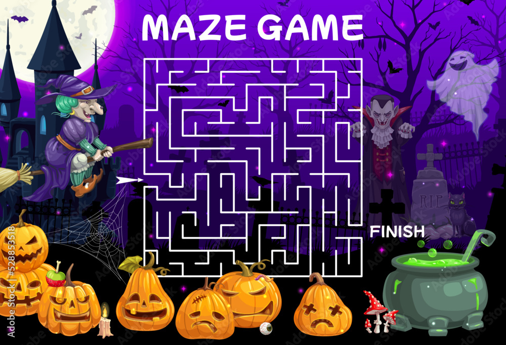 Aufkleber halloween labyrinth maze. help to witch find a potion cauldron and pumpkins. kids search path riddle