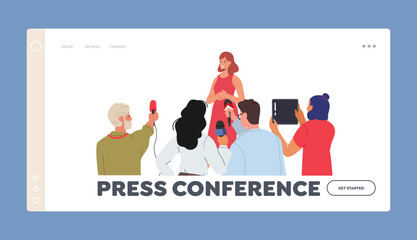 Press Conference Landing Page Template. Woman Speaking to Audience, Journalists or Press Media Workers with Microphones