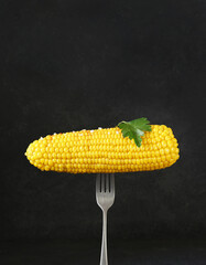 boiled corn on the fork with salt and parsley leaf on dark backround, copy space