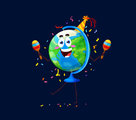 Holiday birthday celebration, cartoon school globe character. Isolated vector funny educational supply wear festive cap playing maracas under confetti rain. Earth model for geography lessons party fun