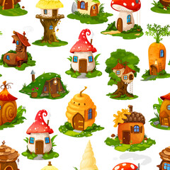 Obraz na płótnie Canvas Seamless pattern of cartoon fairytale houses and dwellings of gnome elf, vector background. Fairy tale homes village and gnome huts in mushroom, carrot or boot and beehive