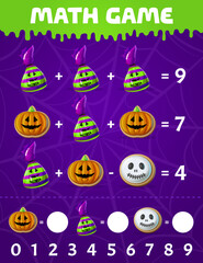 Cartoon Halloween sweets and candies. Math game worksheet. Addition and subtraction math puzzle, kids education game vector worksheet with pumpkin cookies and chocolate candy, Halloween spooky sweets