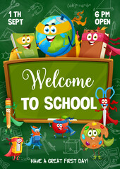 Back to school flyer. Cartoon school superhero characters. Party or event announce vector banner with scissors, book, palette and pencil, sharpener, globe and notebook school stationery personages