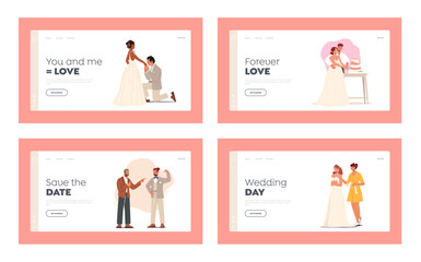 Groom and Bride Marriage Landing Page Template Set. Man or Woman Prepare for Wedding Ceremony, Fitting Dress, Posing