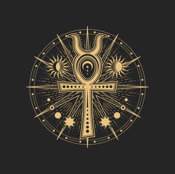 Mason sign, occult and esoteric symbol. Egyptian Ankh sign, vector magic tarot cards, sacred cross, star rays, sun and moon inside of golden circle. Religion spiritual occult amulet, tattoo design