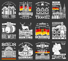 Travel to Germany vector icons, German famous landmarks, sightseeing, touristic attraction. Travel agency isolated labels, european city tours, hunting society and folklore tradition, brewery