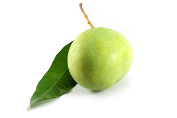 R2E2 Mango fruit with leaves isolated on white background.