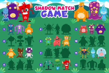Fototapeta premium Shadow match game. Cartoon monster characters. Child shadow match game or quiz vector worksheet with zombie, alien octopus and funny yeti, angry devil, fantasy dragon and flame spirit cute personages