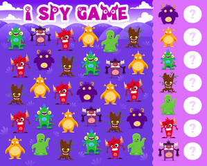 I spy game. Cartoon monster characters. Kids counting puzzle or playing activity vector worksheet with creepy slime, fairy dragon and fluffy beast with horns, scary tree stump funny monster personages © Vector Tradition