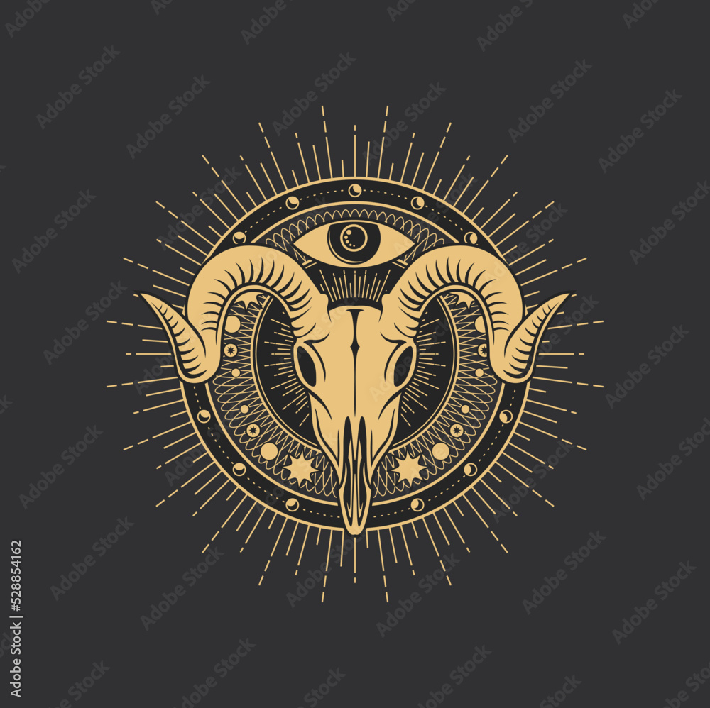 Wall mural occult symbol, esoteric tarot skull, magic and alchemy vector eye in circle. esoteric tarot card sym