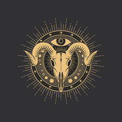 Occult symbol, esoteric tarot skull, magic and alchemy vector eye in circle. Esoteric tarot card symbol of sacred sun and celestial circle with stars and moons, Baphomet goat skull for magic pentagram