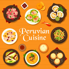 Peruvian cuisine menu cover design template. Beef corn chowder, fish ceviche with red onion and chili, clam ceviche, avocado quinoa salad and cookie Alfajores, fish ceviche with grapefruit and avocado