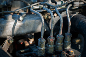 The detail of the old outdated engine. Close up.