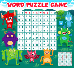 Fototapeta premium Word search puzzle game. Cartoon monster characters. Word search quiz, kids vocabulary puzzle vector worksheet with cute bat, funny dragon, alien lizard and fluffy beast, angry devil monster personage
