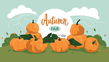 Autumn fair. Pumpkins on the grass. Vector image.