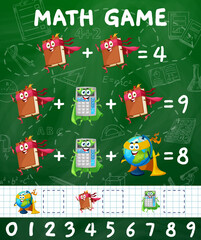 Math game. Cartoon textbook, globe and calculator characters on school board. Kids education puzzle vector worksheet with school education cheerful personages, lessons accessories on chalkboard