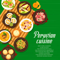 Peruvian cuisine restaurant menu vector cover. Cookie Alfajores, fish ceviche with red onion and chili, beef corn chowder, clam ceviche, avocado quinoa salad, fish ceviche with grapefruit and avocado