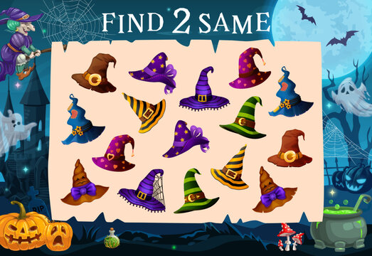Halloween quiz game. Find two same witch hats. Details search riddle, spotting difference kids puzzle vector worksheet with wizard, mage or sorcerer hat, witch on broom, Halloween pumpkin lanterns