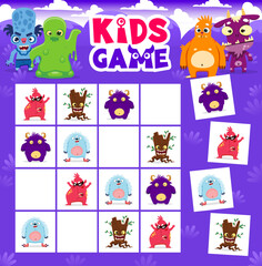 Sudoku kids game. Cartoon monster characters. Child rebus puzzle or sudoku riddle vector worksheet with green slime, yeti and scary zombie, three eyed dog, evil stump Halloween monster personages