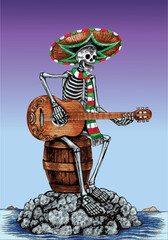 Obraz premium Art fantasy mexican skull playing guitar on an island. Hand drawing and make graphic vector.