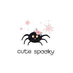 Cute little spider. Halloween kids print. Hand drawn funny character, t-shirt decor. Autumn holiday card or poster. Handwritten trick or treat lettering phrase. Vector cartoon illustration