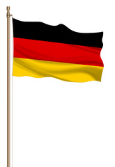 3D Flag of Germany on a pillar blown away isolated on a white background.