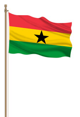 3D Flag of Ghana on a pillar blown away isolated on a white background.
