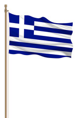 3D Flag of Greece on a pillar blown away isolated on a white background.