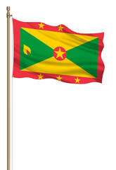 3D Flag of Grenada on a pillar blown away isolated on a white background.