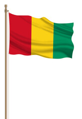3D Flag of Guinea on a pillar blown away isolated on a white background.