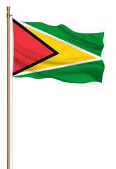 3D Flag of Guyana on a pillar blown away isolated on a white background.
