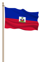 3D Flag of Haiti on a pillar blown away isolated on a white background.