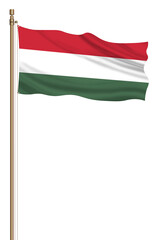 3D Flag of Hungary on a pillar blown away isolated on a white background.