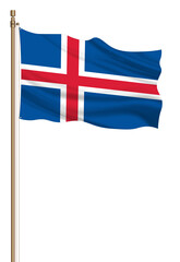 3D Flag of Iceland on a pillar blown away isolated on a white background.