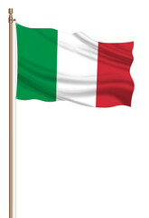 3D Flag of Italy on a pillar blown away isolated on a white background.