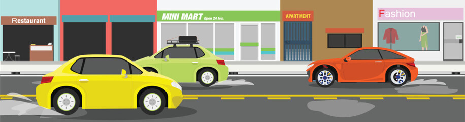 Naklejka premium Vector and Illustration of cityscape view with cars running around on a flooded asphalt road. Background with pedestrian walkways and commercial buildings.