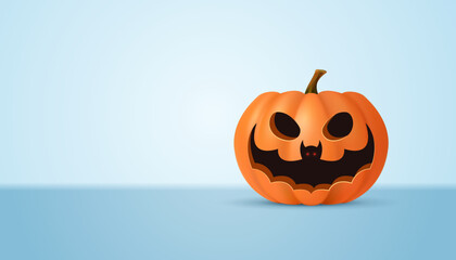 Halloween pumpkin and bat on a light background.