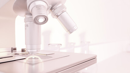 Close-up shot scientific laboratory microscope. can be used in education, science or medicine industry. 3D Render.