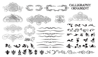 Calligraphy Ornament Set. Royal Element Decoration. Vintage Lines. Scrollwork Decorative Swirl, Vintage Crown, Flourishes. Retro Vector Illustration. Hand Drawn Design. Filigree Divider Wedding. 