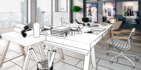 Moderne Büroraum-Gestaltung als konzeptioneller Entwurf - panoramische 3D Visualisierung