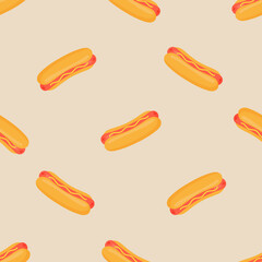 Hot dog seamless pattern. Vector illustration. For menu, posters, banners, printing on the pack, printing on clothes, fabric, wallpaper.