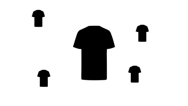 Zoom in and out animation the t-shirt symbol. Large black symbol in the center and four small symbols around. Seamless looped 4k animation on white background